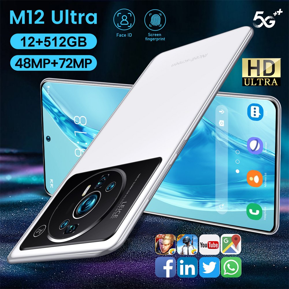7.3 inch large screen online gaming video smartphone M12 12+512 large memory Android cross-border mobile phone for foreign trade